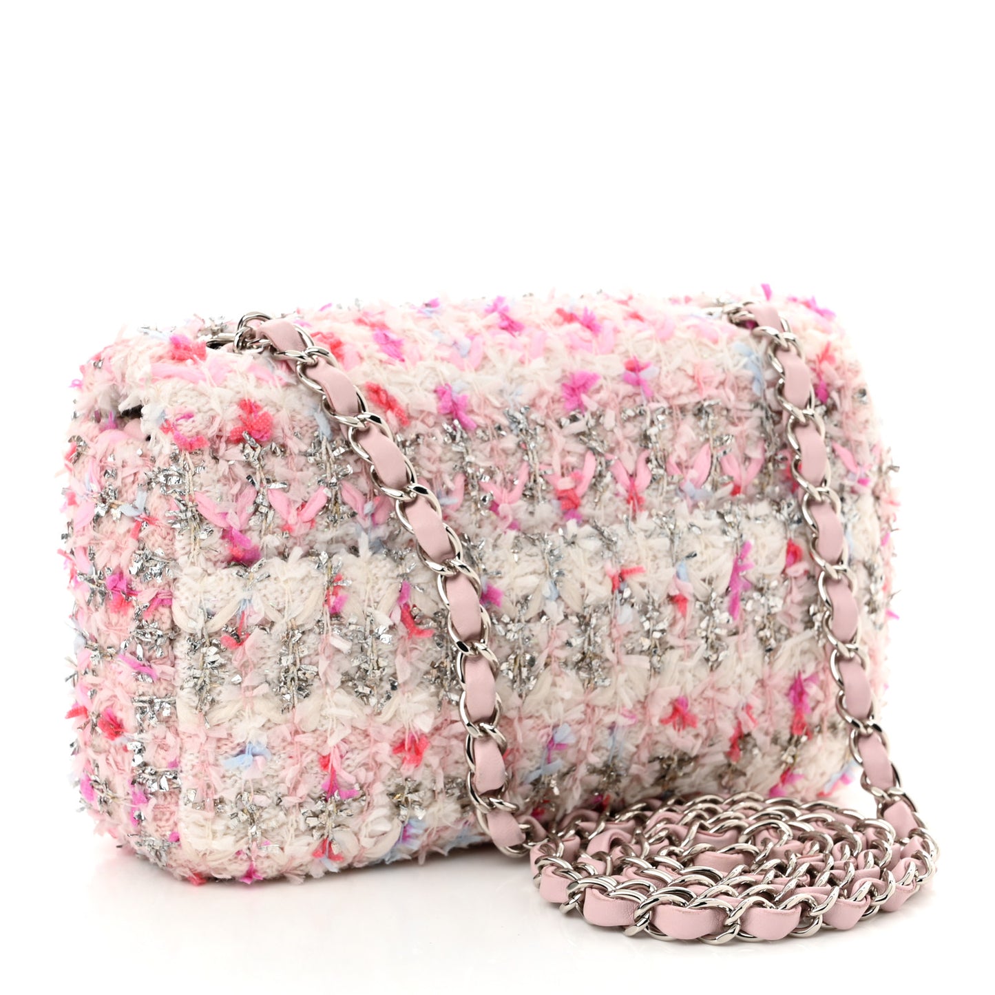 Tweed Quilted Mini Rectangular Flap Light Pink Silver Blue