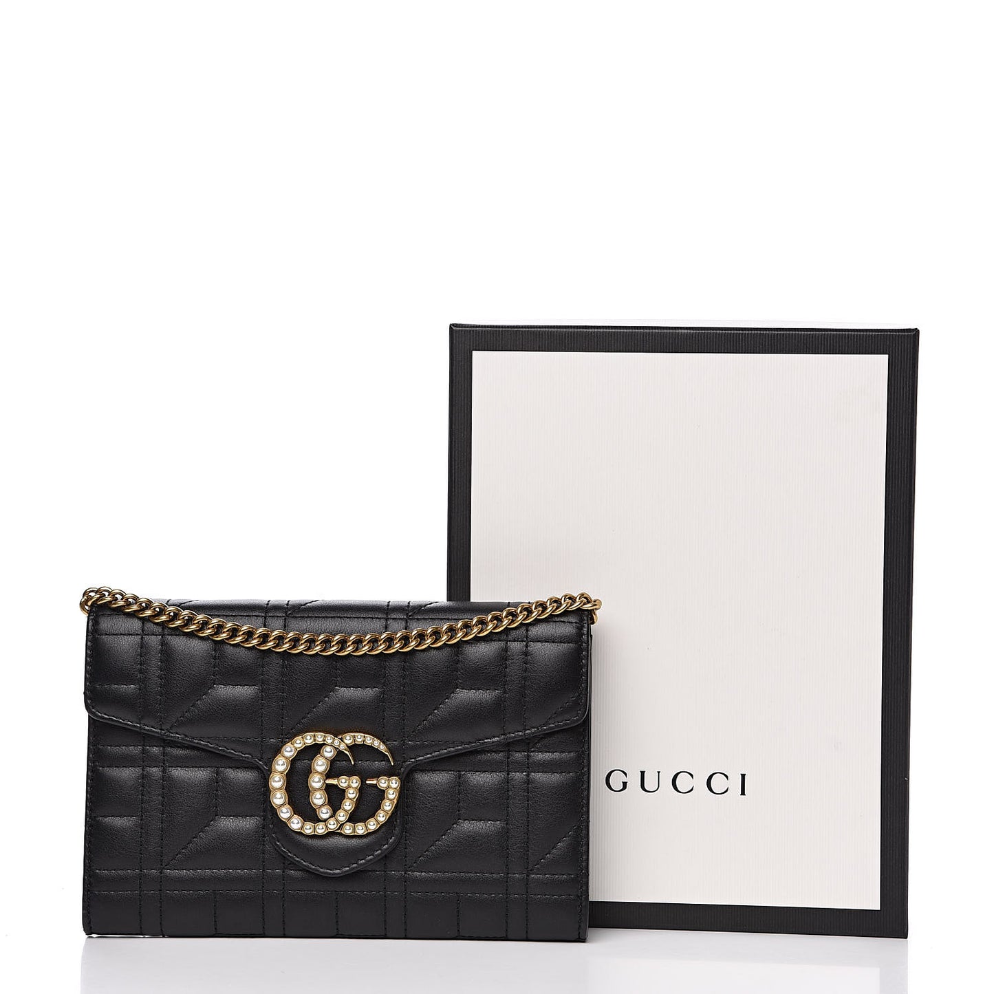 Calfskin Matelasse Mini Pearly GG Marmont Chain Wallet Black
