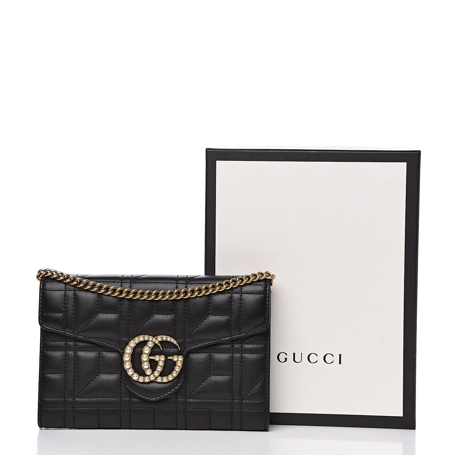 Gucci Calfskin Matelasse Mini Pearly GG Marmont Chain Wallet Black 9 of 9