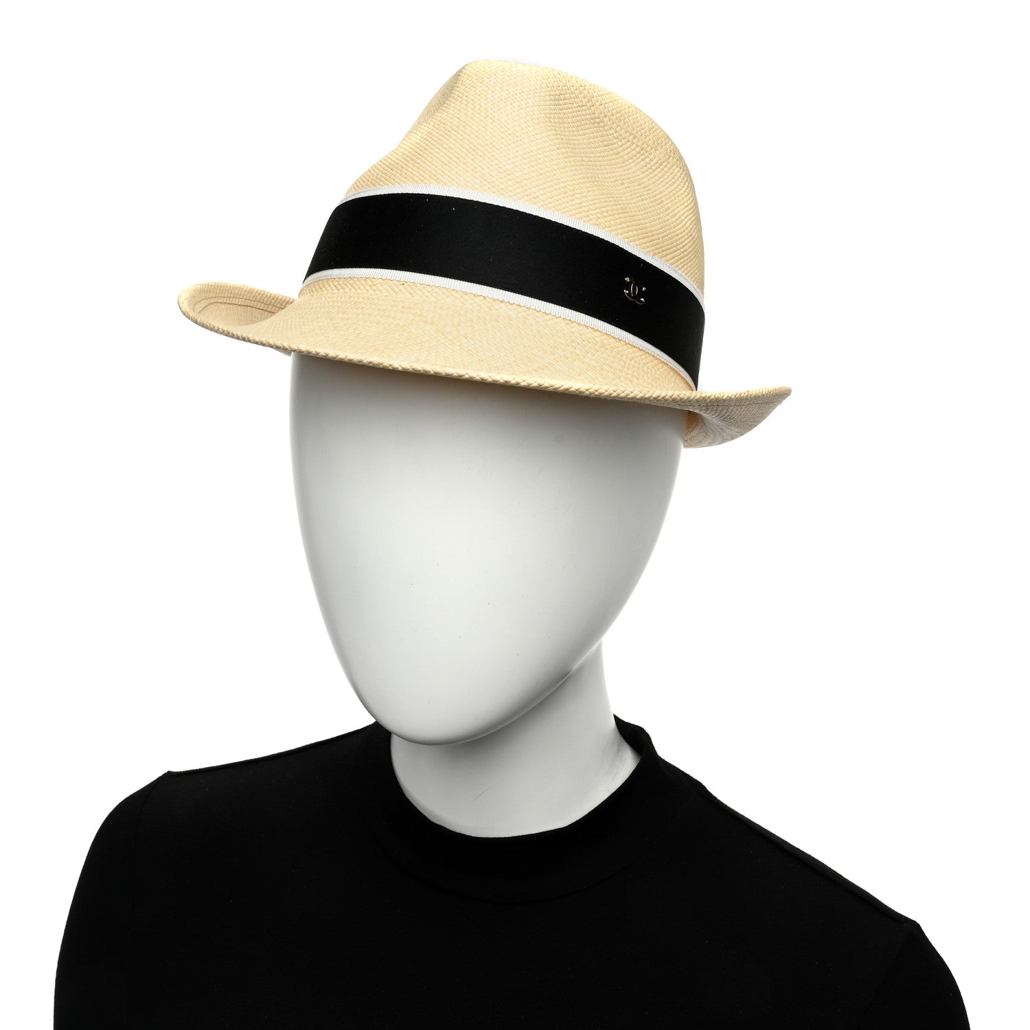 Chanel Straw Grosgrain Ribbon Fedora Hat S Beige Black 2 of 8
