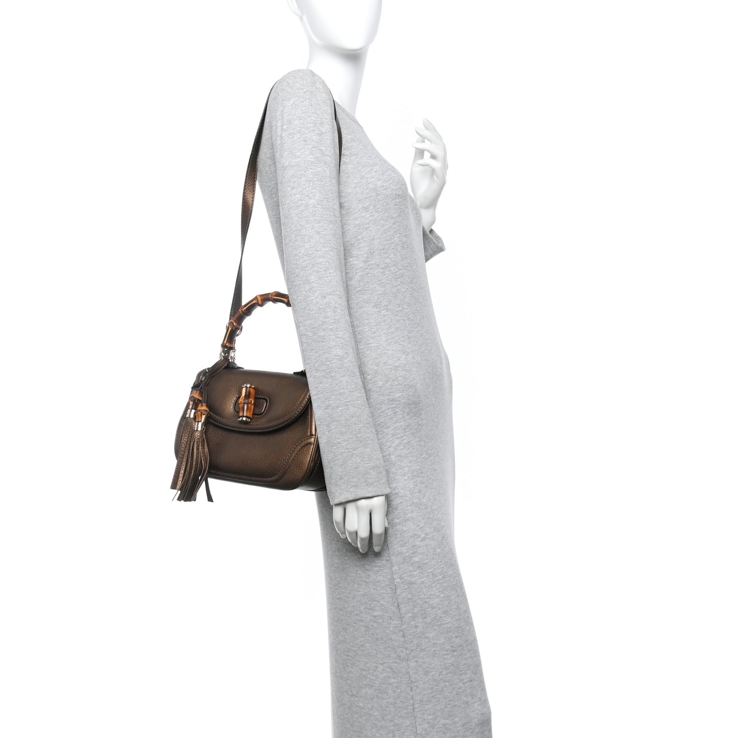 Metallic Calfskin Medium New Bamboo Top Handle Bag Bronze