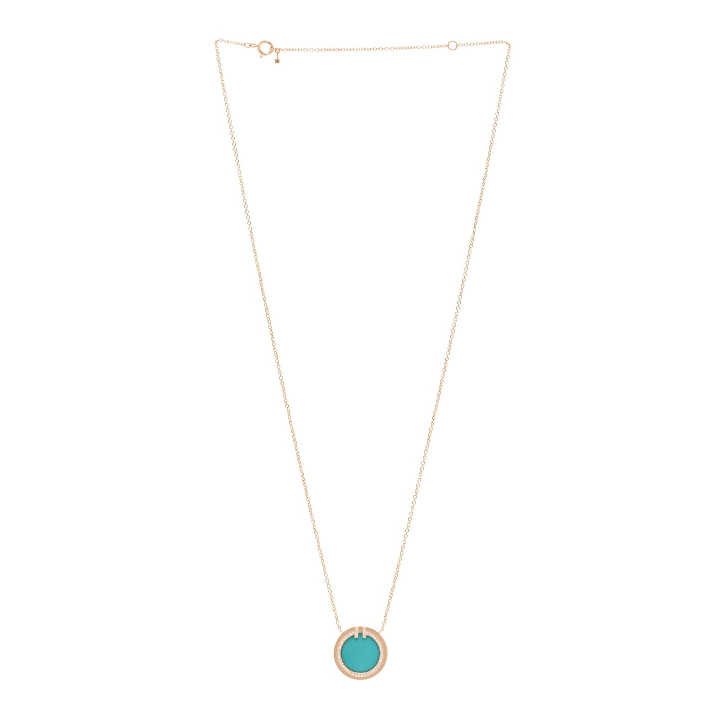 18K Rose Gold Diamond Turquoise T Circle Pendant Necklace