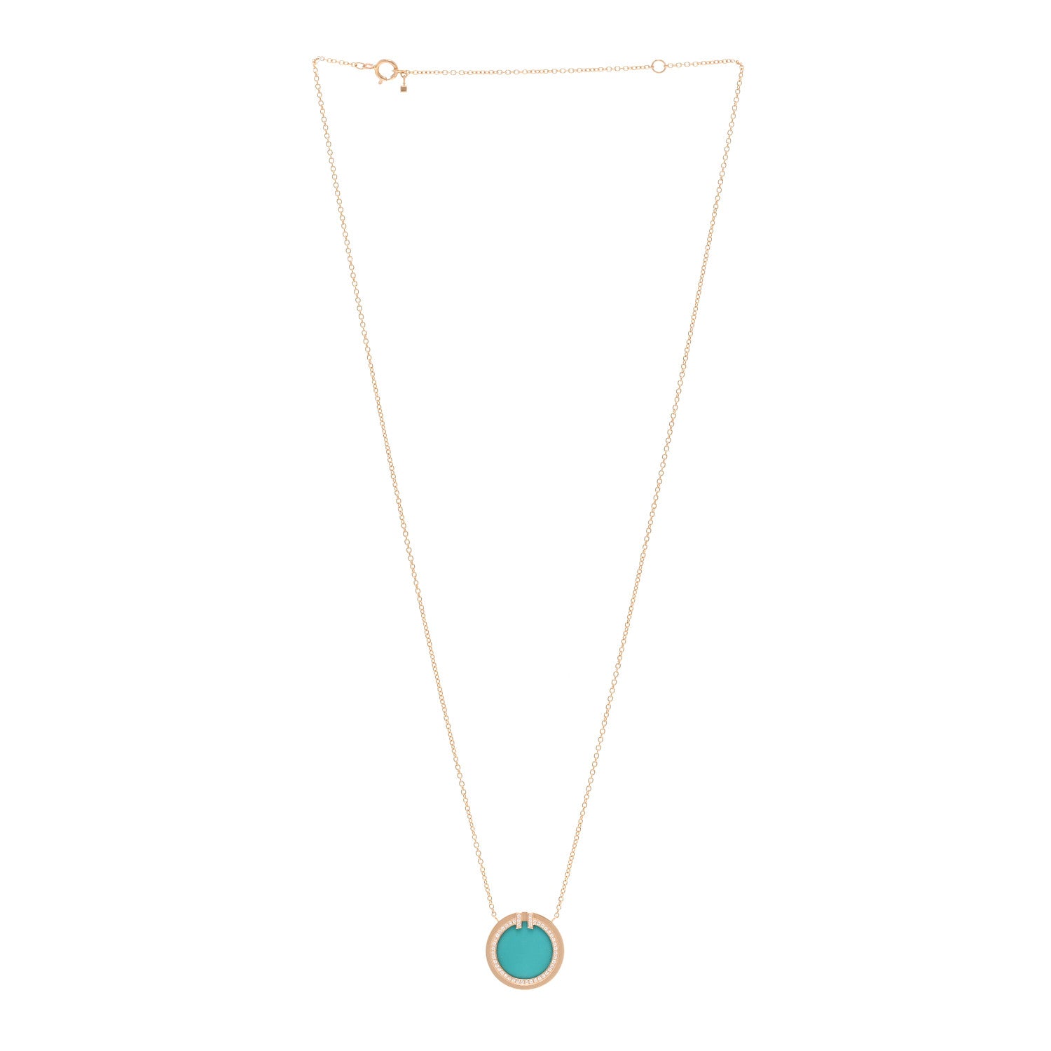 Tiffany 18K Rose Gold Diamond Turquoise T Circle Pendant Necklace 3 of 5