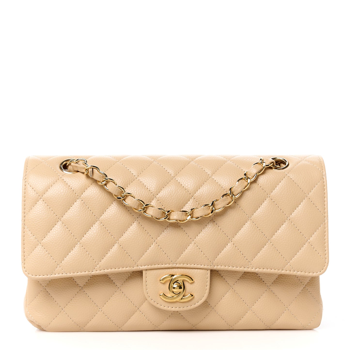 Caviar Quilted Medium Double Flap Beige