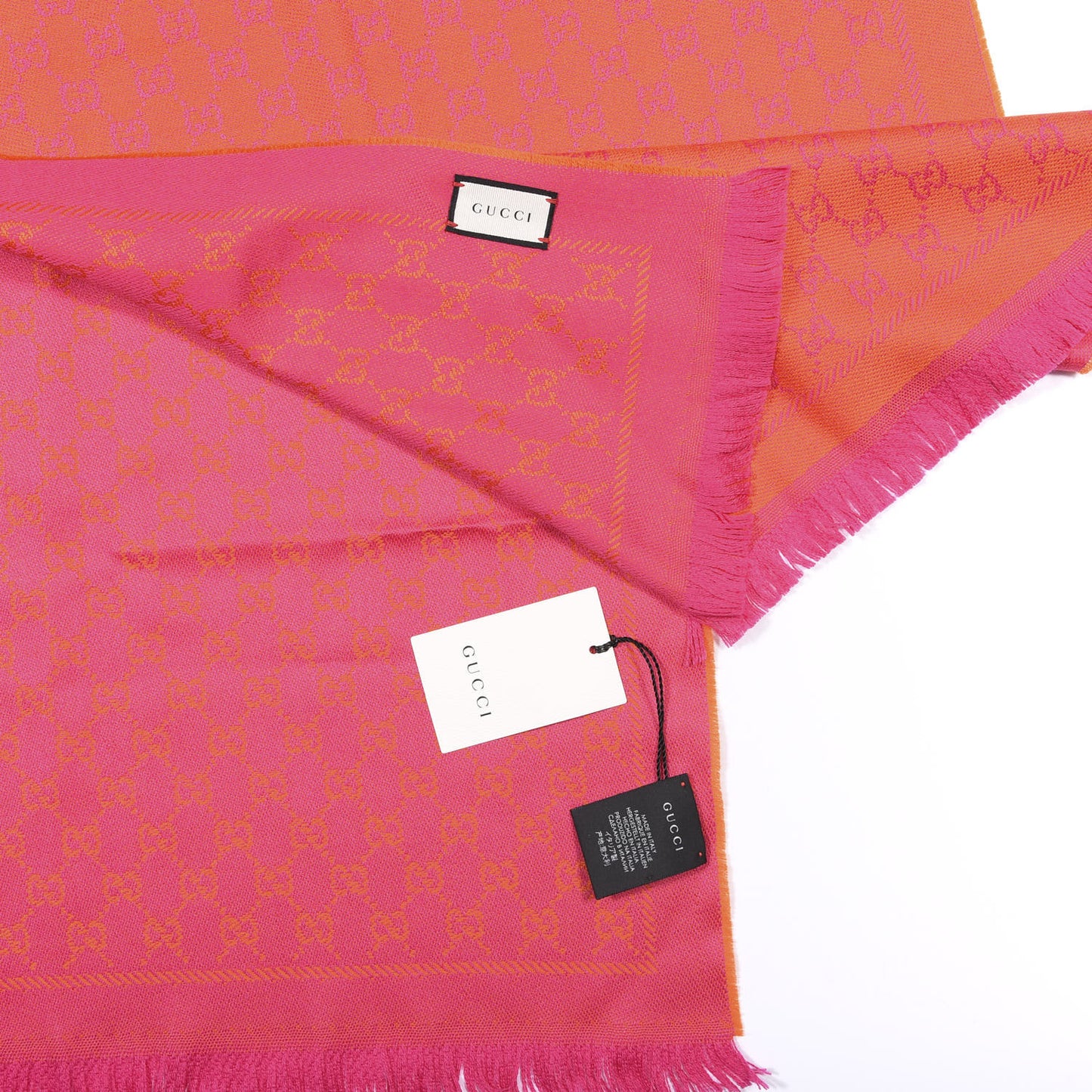 Wool GG Monogram Reversible New Sten Fringe Scarf Orange Pink