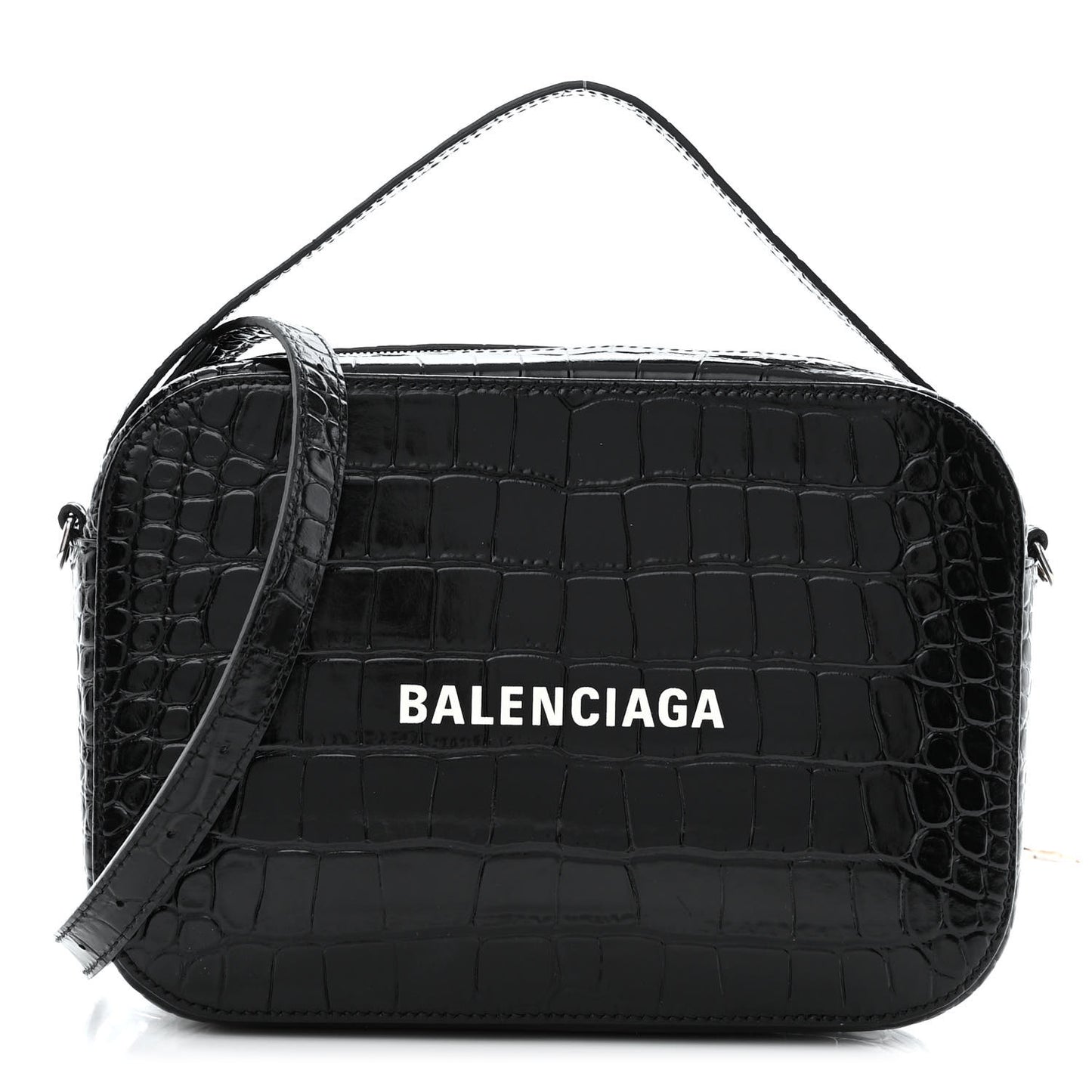 Shiny Calfskin Logo Crocodile Embossed S Everyday Camera Bag with Handle Black