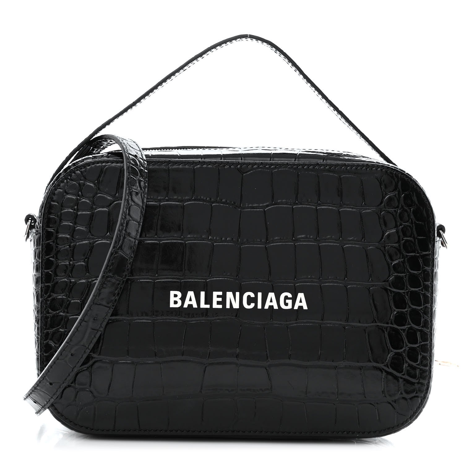 Balenciaga Shiny Calfskin Logo Crocodile Embossed S Everyday Camera Bag with Handle Black 1 of 10
