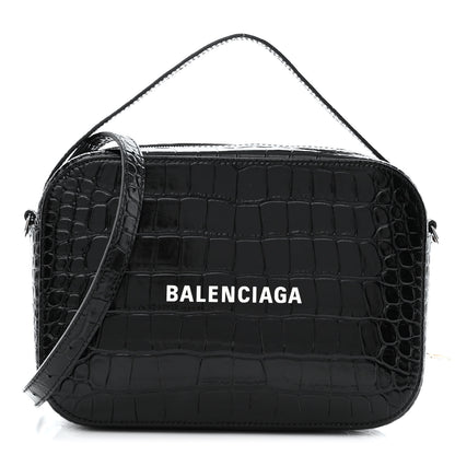 Balenciaga Shiny Calfskin Logo Crocodile Embossed S Everyday Camera Bag with Handle Black 1 of 10