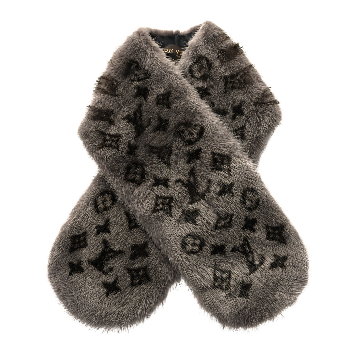 Monogram Mink Fur Scarf Stole Wrap Grey