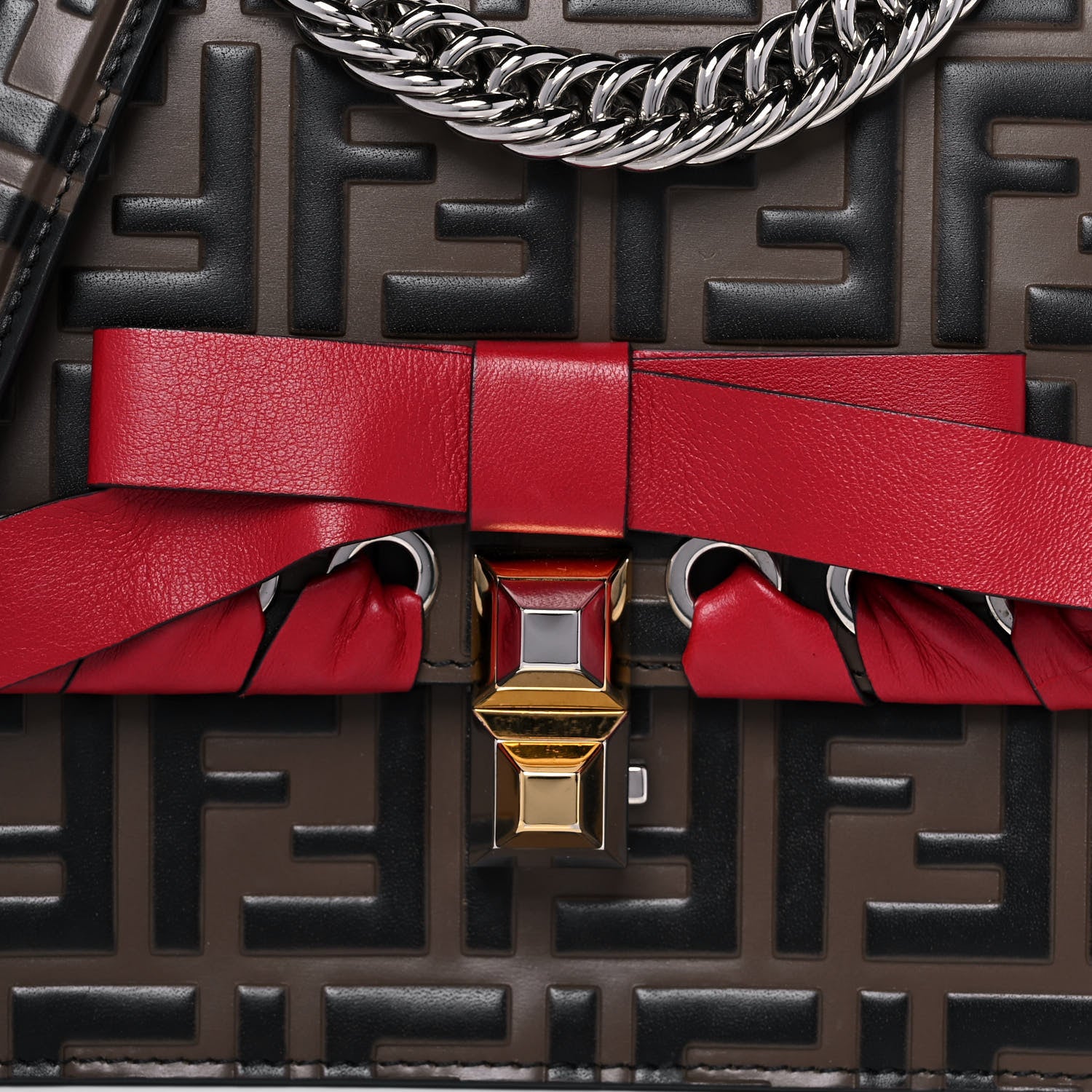 Fendi Vitello Shiny Nappa Bi-Color FF 1974 Lace Up Bow Embossed Small Kan I Shoulder Bag Maya Black Fragola 17 of 21