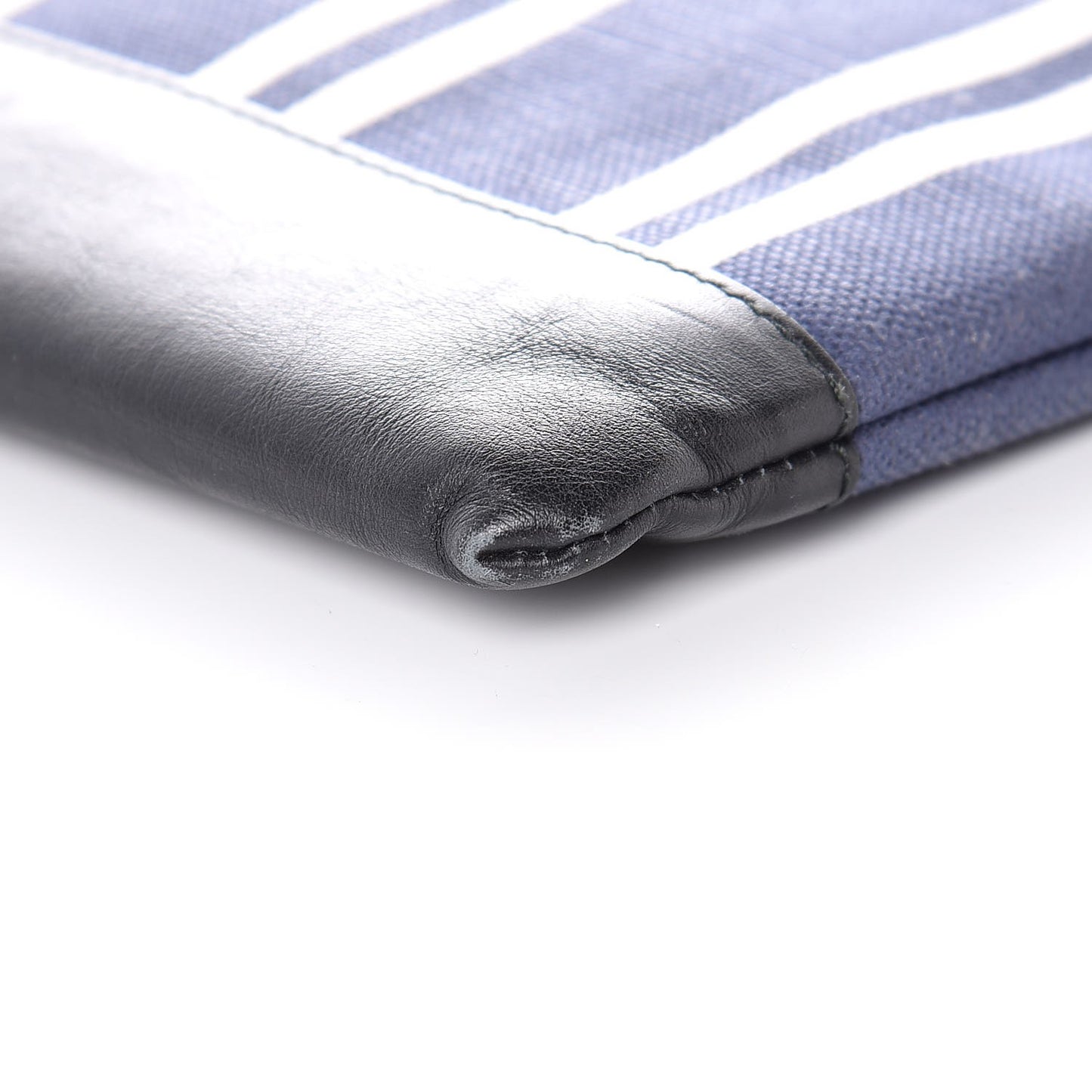 Calfskin Cotton Canvas Striped Logo Clutch Navy