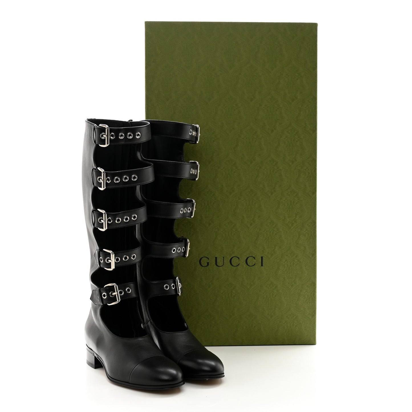 Calfskin Pin Buckle Knee High Boots 37 Black