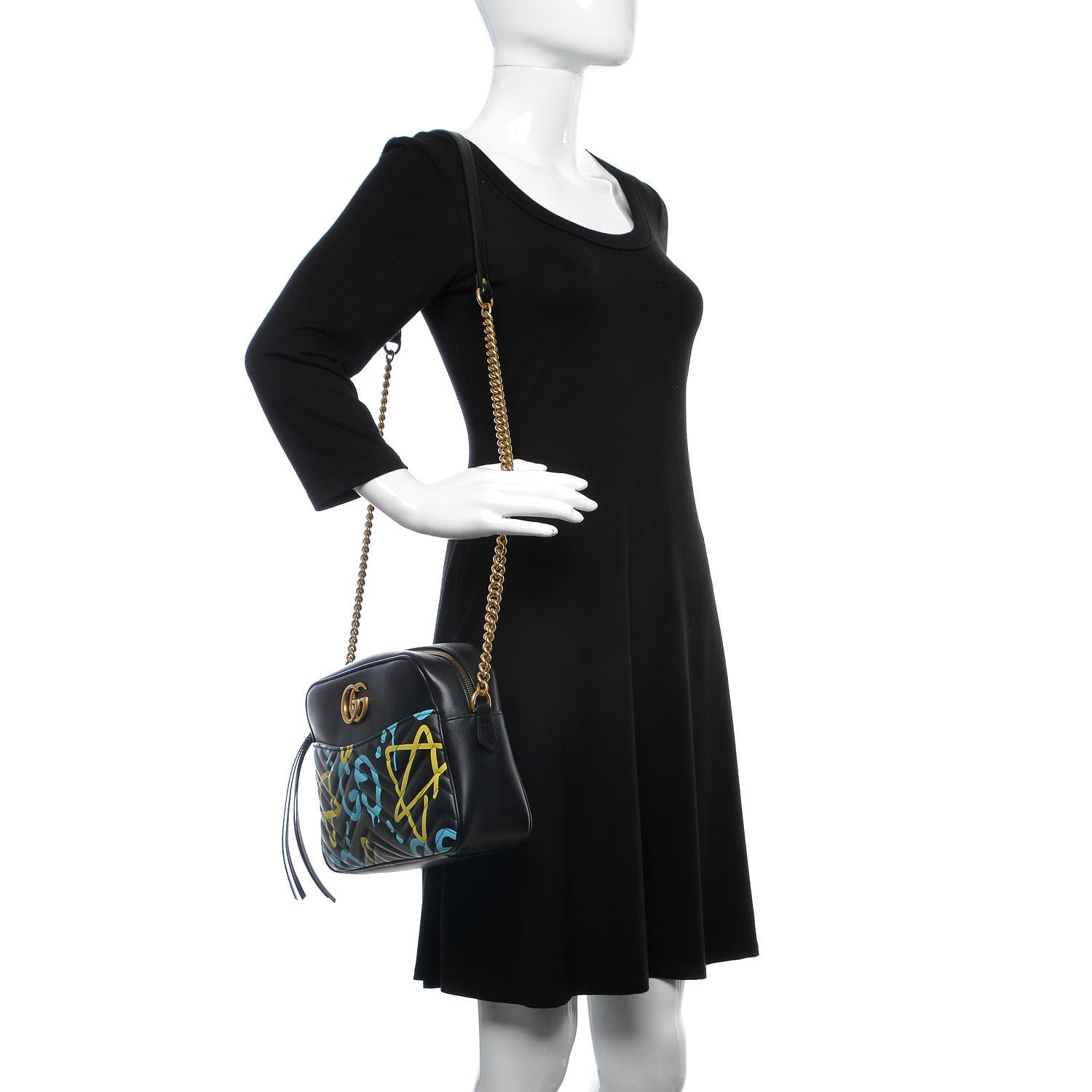 Gucci Calfskin Matelasse GucciGhost Medium GG Marmont Chain Shoulder Bag Black New Acquamarine 2 of 11