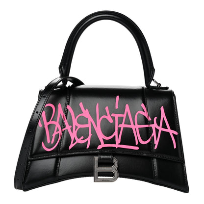 Balenciaga Shiny Box Calfskin Graffiti Logo Small Hourglass Top Handle Bag Black Pink 1 of 17