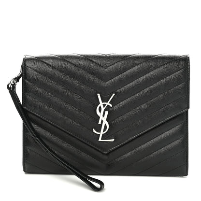 Saint Laurent Grain De Poudre Matelasse Chevron Monogram Envelope Clutch Black 1 of 15