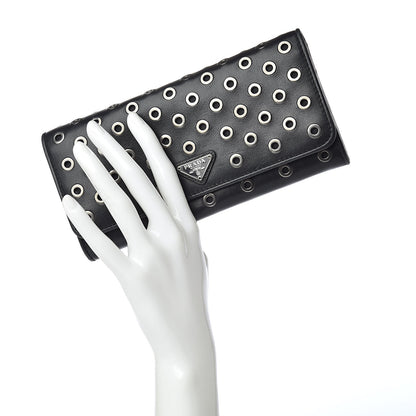 Prada Calfskin Studded Rings Continental Flap Wallet Black 2 of 12