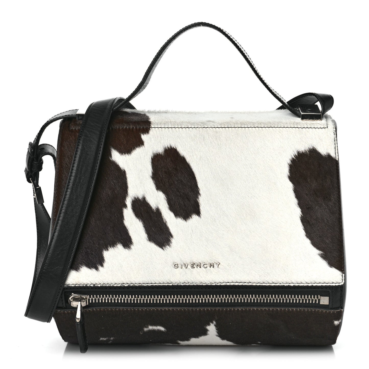 Cow Hair Medium Pandora Box Crossbody Bag Brown White