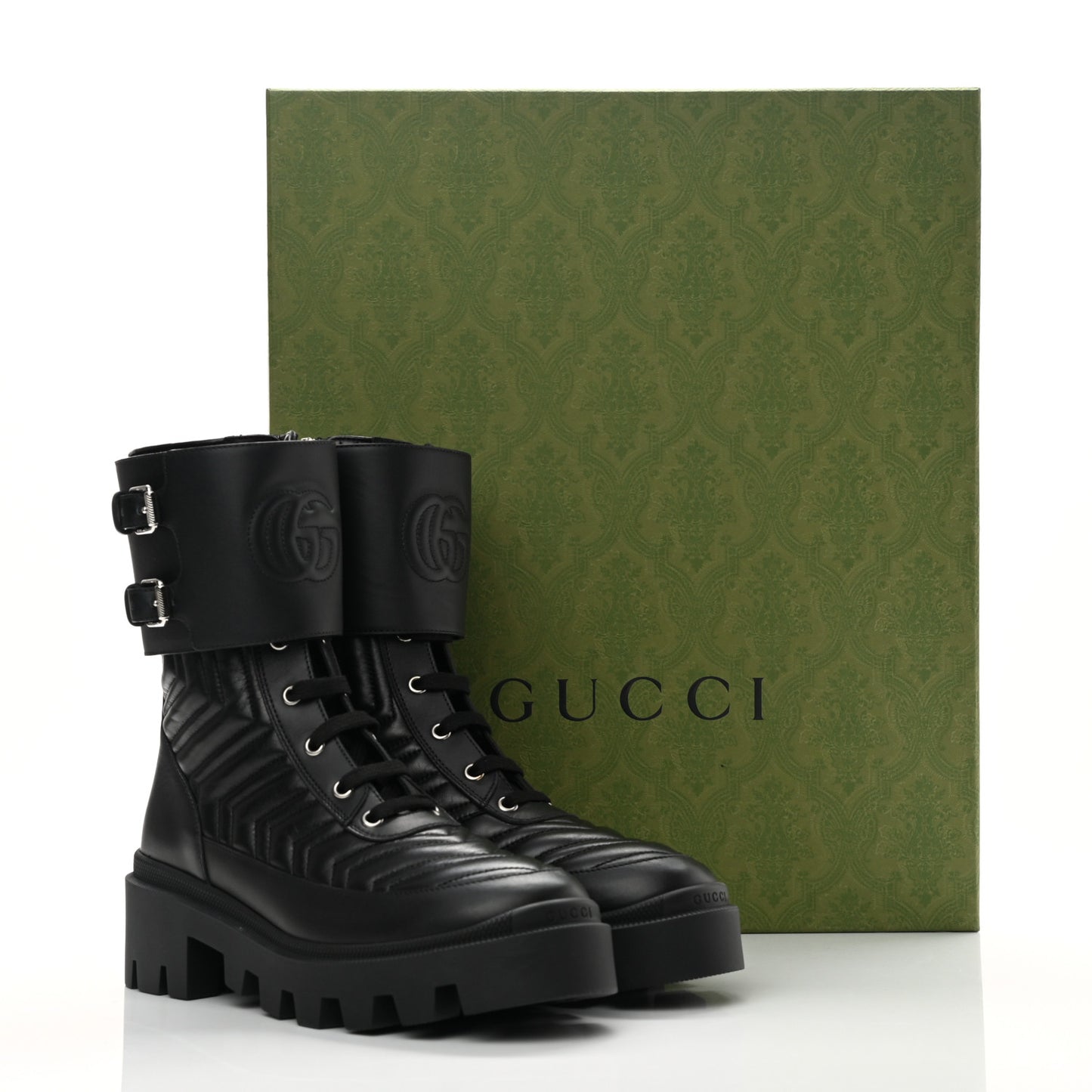 Nappa Frances GG Matelasse Platform Combat Boots 38.5 Black