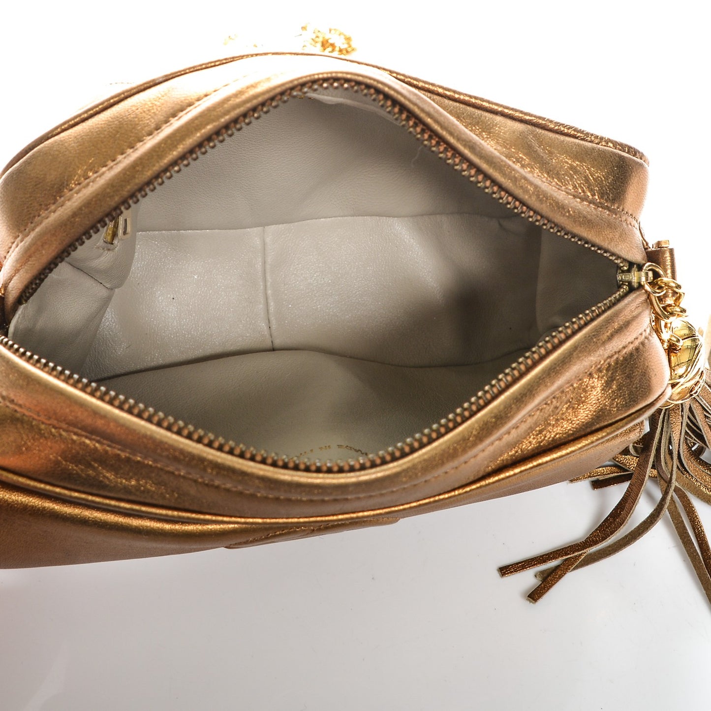 Metallic Lambskin Quilted Tassel Camera Case Bronze