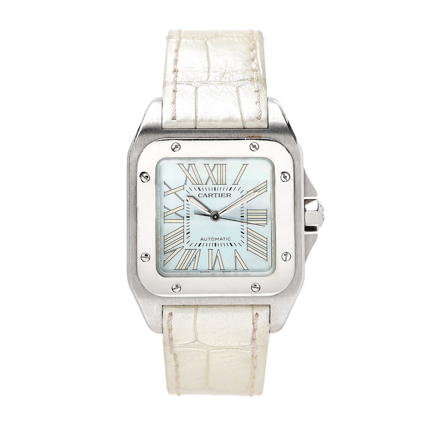Stainless Steel Alligator Blue Mother of Pearl 32mm Santos 100 Automatic Watch