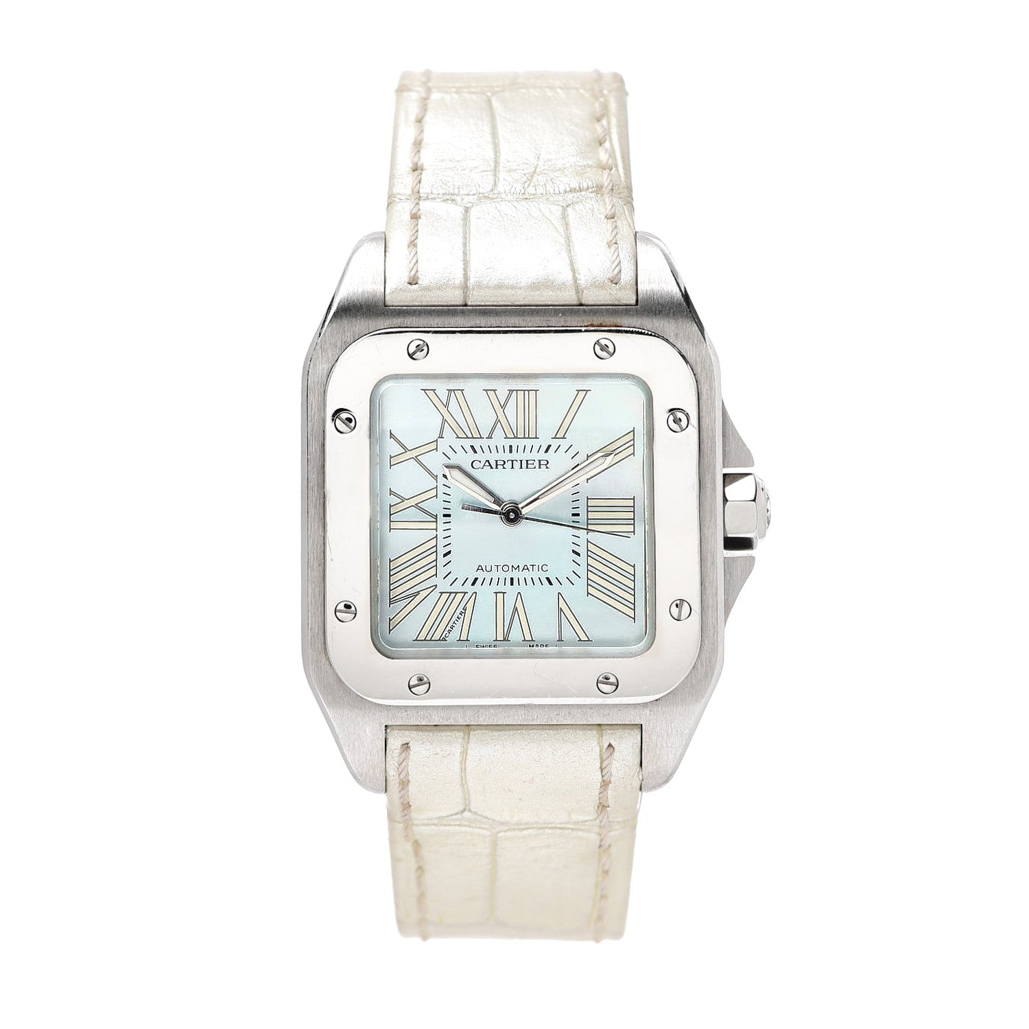 Cartier Stainless Steel Alligator Blue Mother of Pearl 32mm Santos 100 Automatic Watch 1 of 8