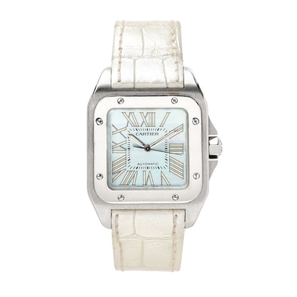 Cartier Stainless Steel Alligator Blue Mother of Pearl 32mm Santos 100 Automatic Watch 1 of 8