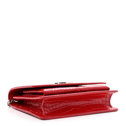 Saint Laurent Calfskin Crocodile Embossed Monogram Sunset Chain Wallet Rouge Eros 4 of 11