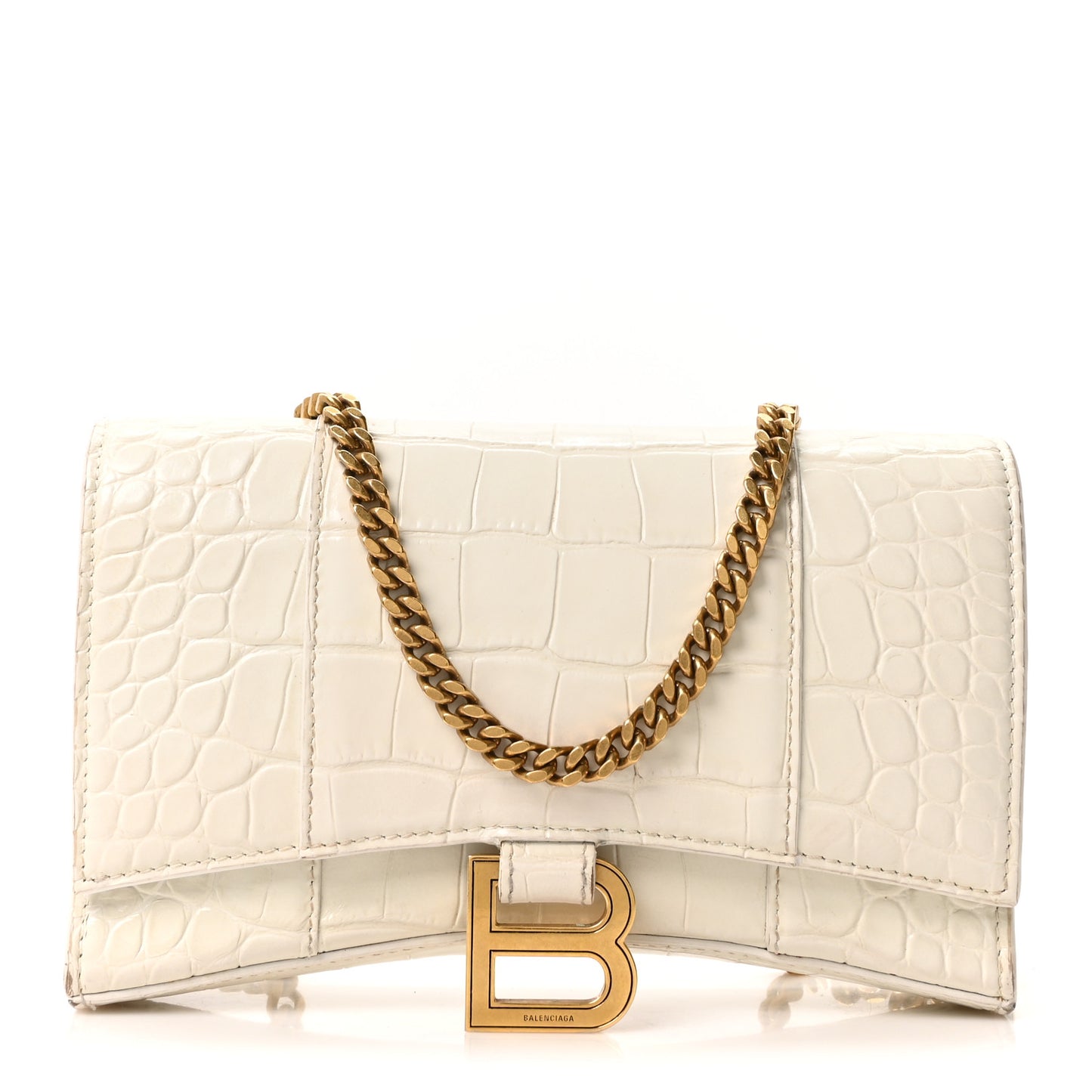 Shiny Calfskin Crocodile Embossed Hourglass Chain Bag White