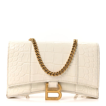 Balenciaga Shiny Calfskin Crocodile Embossed Hourglass Chain Bag White 1 of 9