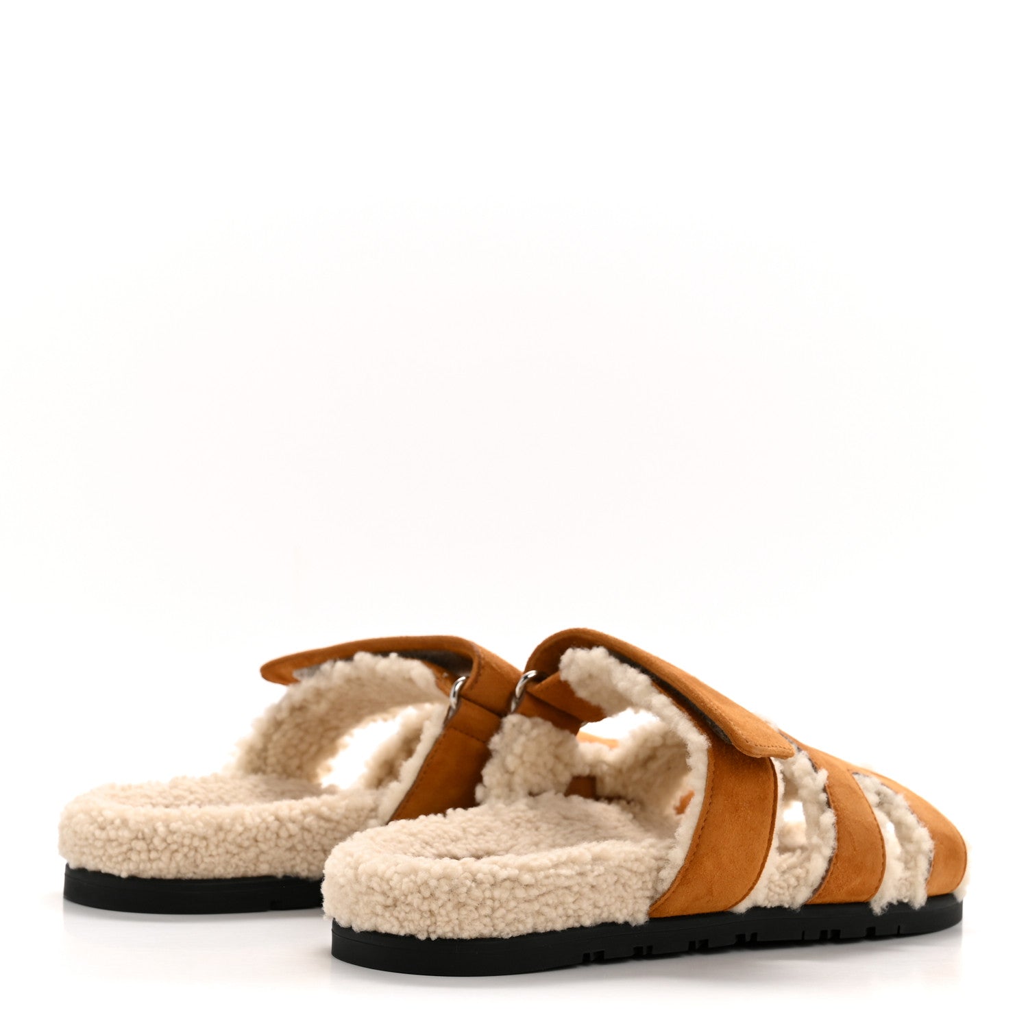 Hermes Suede Goatskin Woolskin Womens Chypre Sandals 39 Brun Fume Ecru 5 of 10