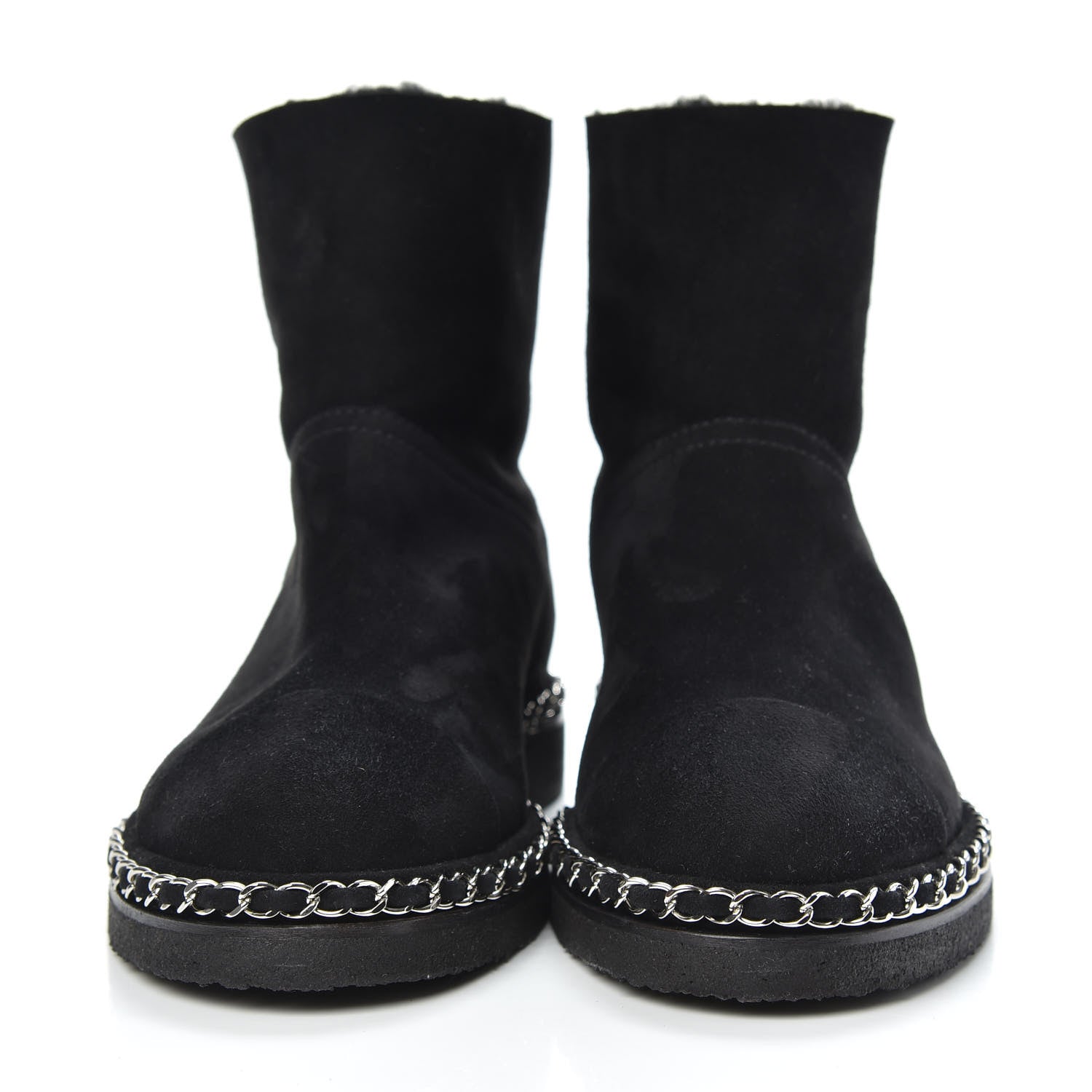 Chanel Kid Suede Shearling Womens Cap Toe Chain Short Boots 39 Black 2 of 6