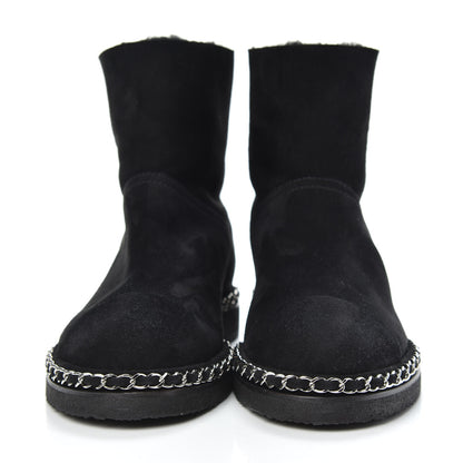 Chanel Kid Suede Shearling Womens Cap Toe Chain Short Boots 39 Black 2 of 6