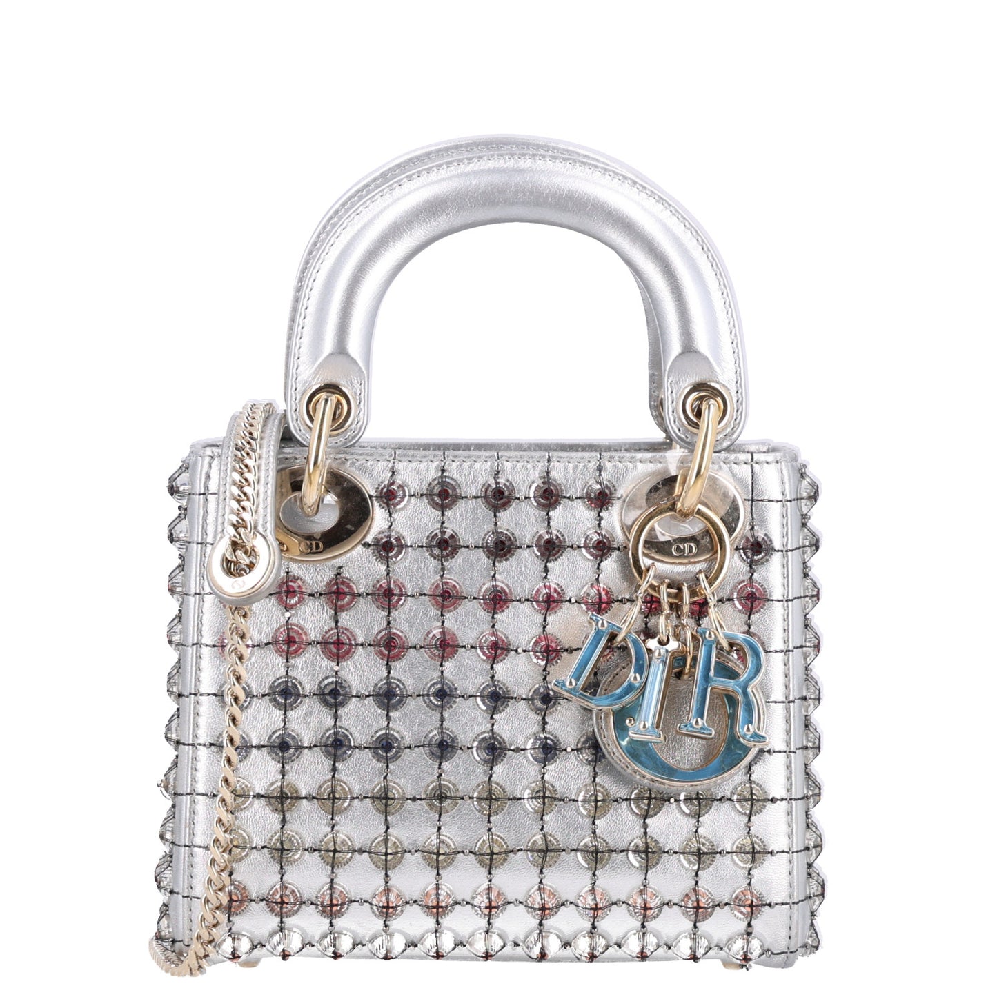 Metallic Calfskin Satin Celestial Bead Embroidery Cannage Mini Lady Dior Silver