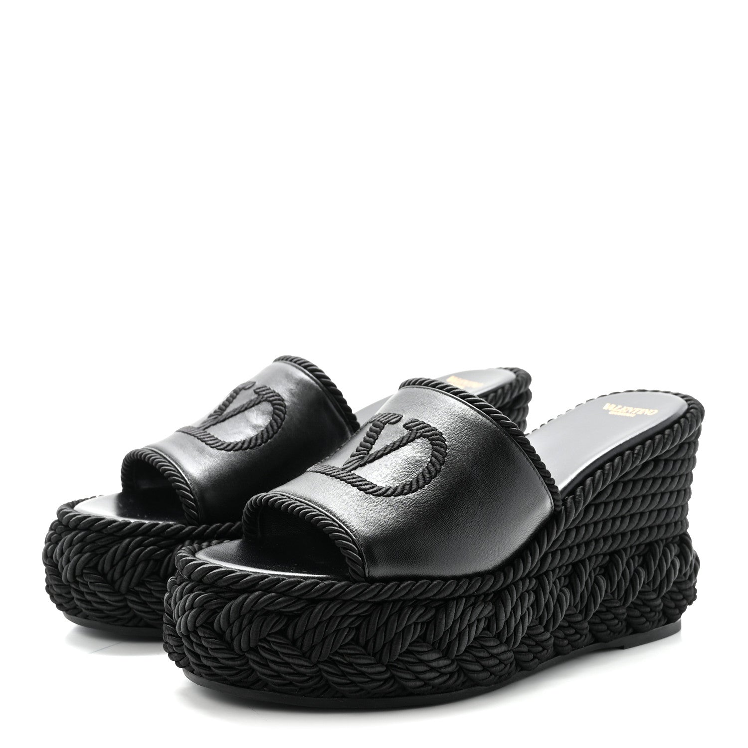 Valentino Garavani Calfskin Silk Torchon Vlogo Platform Espadrille 100 Wedge Sandals 39 Black 4 of 10