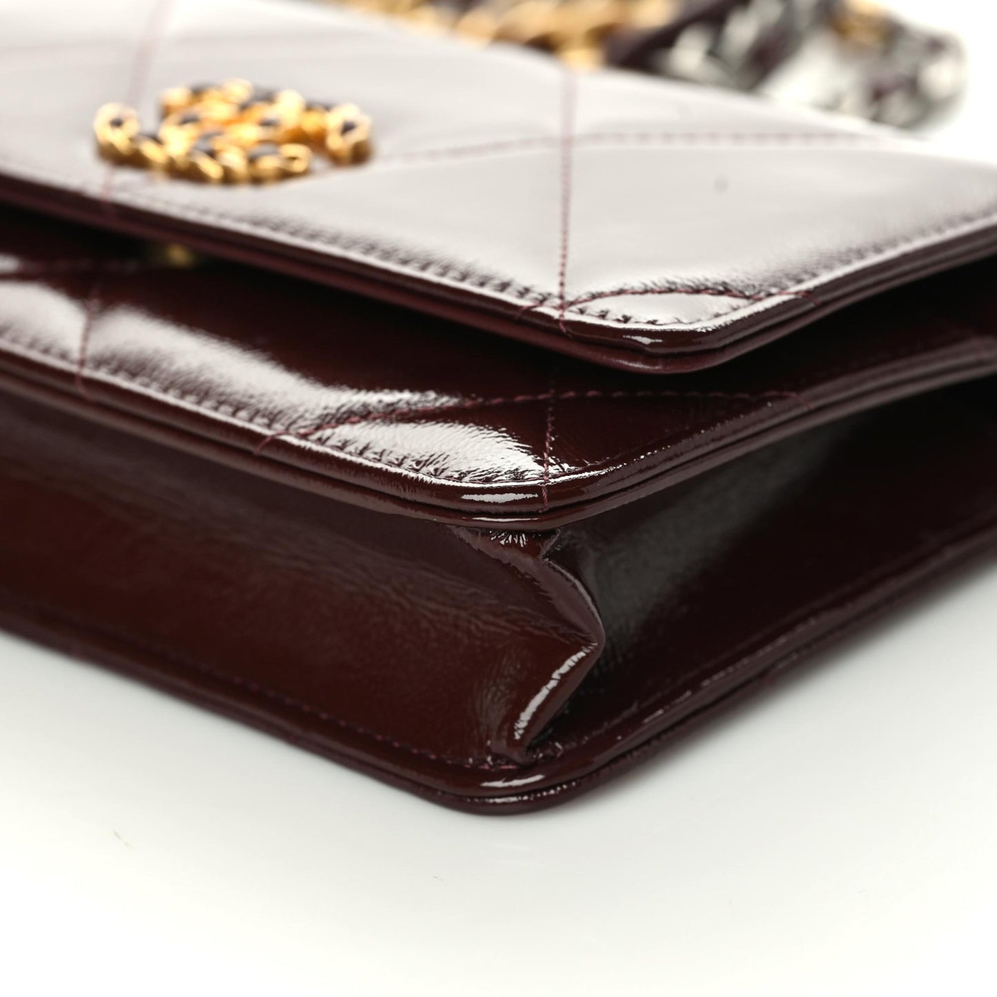 Shiny Crumpled Calfskin Quilted Chanel 19 Wallet On Chain WOC Burgundy