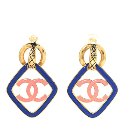 Chanel Metal Enamel Quilted CC Drop Earrings Gold Blue Pink 1 of 4