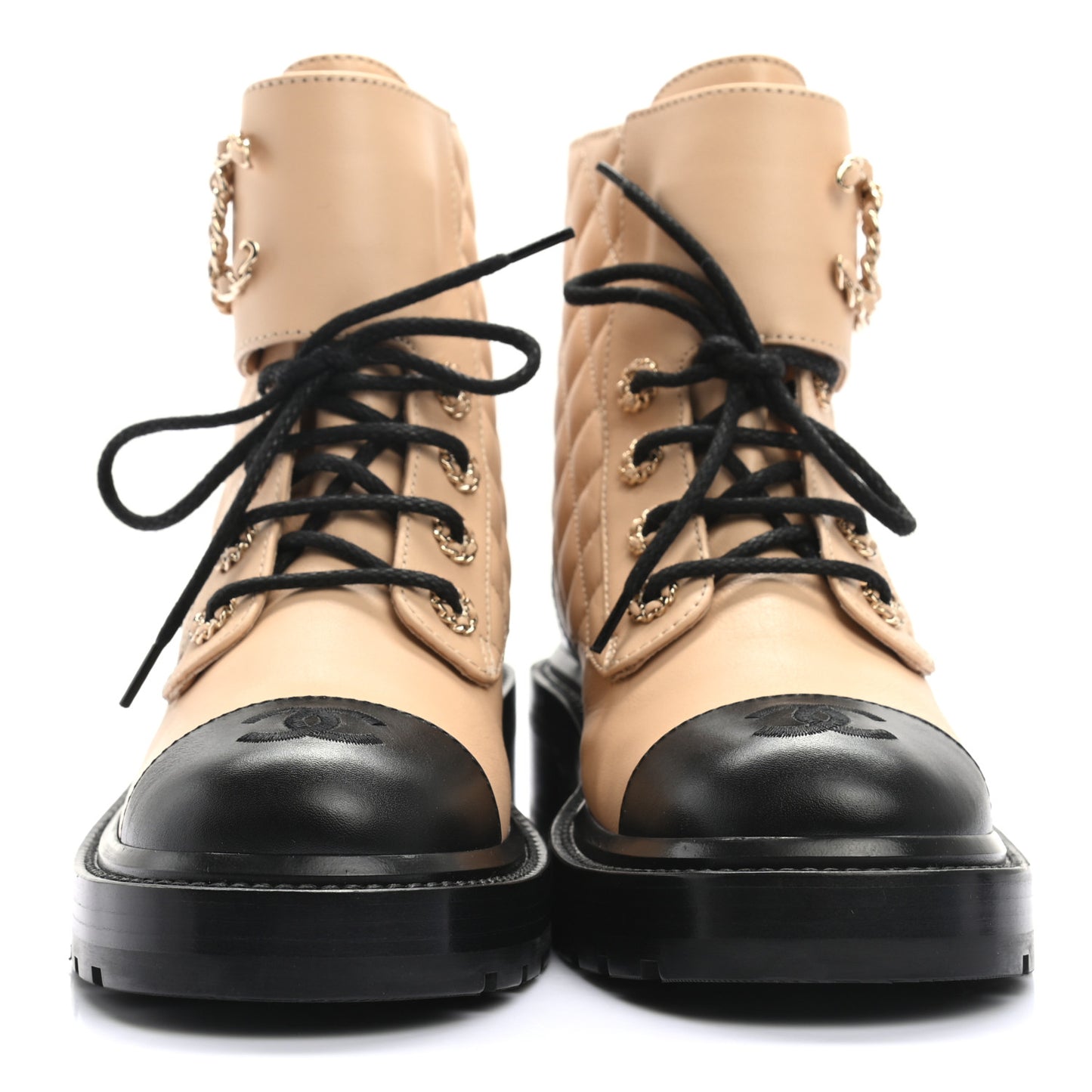 Calfskin Quilted Lace Up Combat Boots 37.5 Beige Black