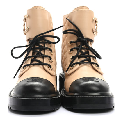 Chanel Calfskin Quilted Lace Up Combat Boots 37.5 Beige Black 2 of 8