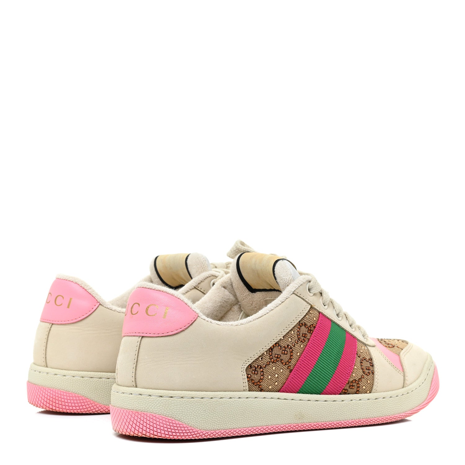 Gucci New GG Monogram Nubuck Web Crystal Embellished Womens Screener Sneakers 38.5 Camel Ebony Wild Rose 4 of 9