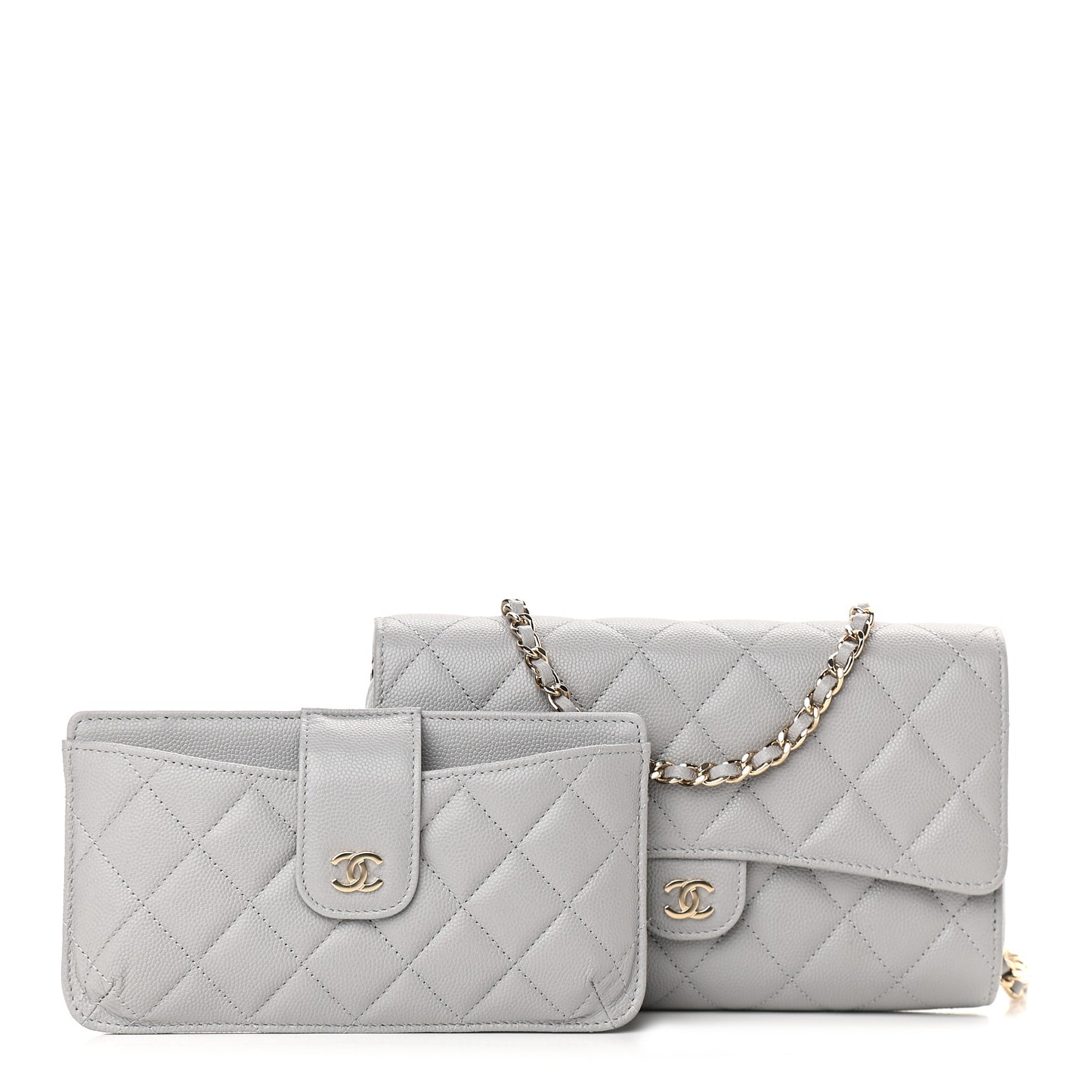 Caviar Quilted Phone Holder Wallet on Removable Chain Grey
