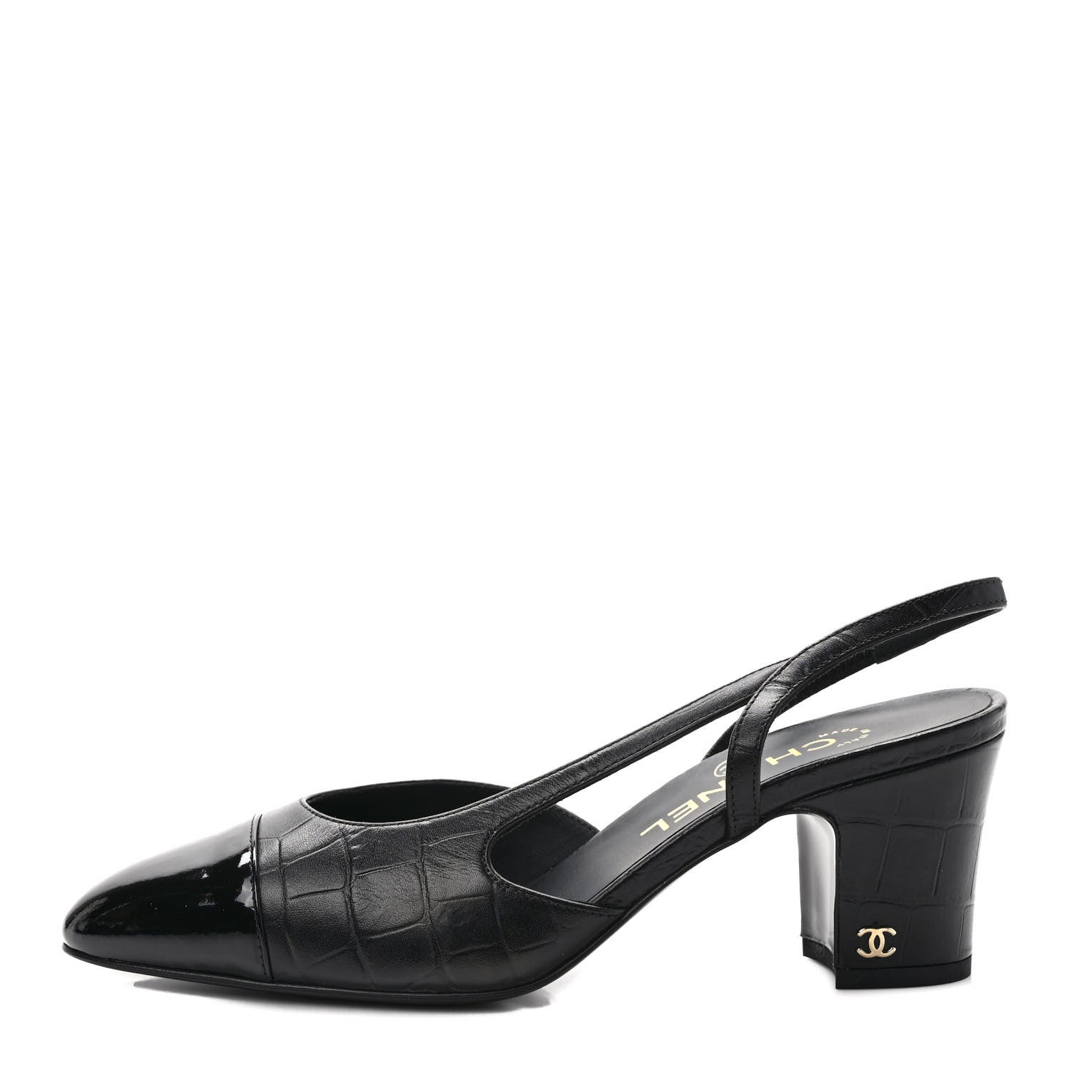 Chanel Calfskin Crocodile Embossed Patent Cap Toe CC Slingback Sandals 38 Black 1 of 8