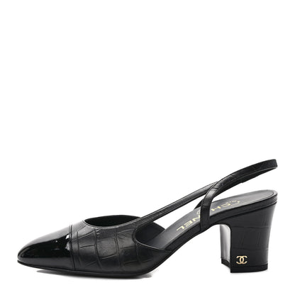 Chanel Calfskin Crocodile Embossed Patent Cap Toe CC Slingback Sandals 38 Black 1 of 8