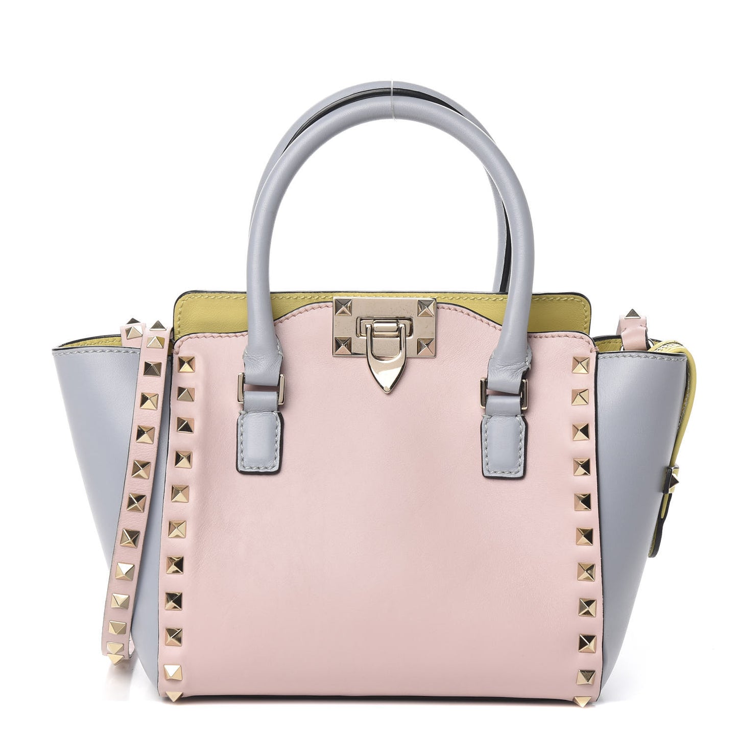 Vitello Watercolor Mini Rockstud Double Handle Tote Rose Green Yellow Sky