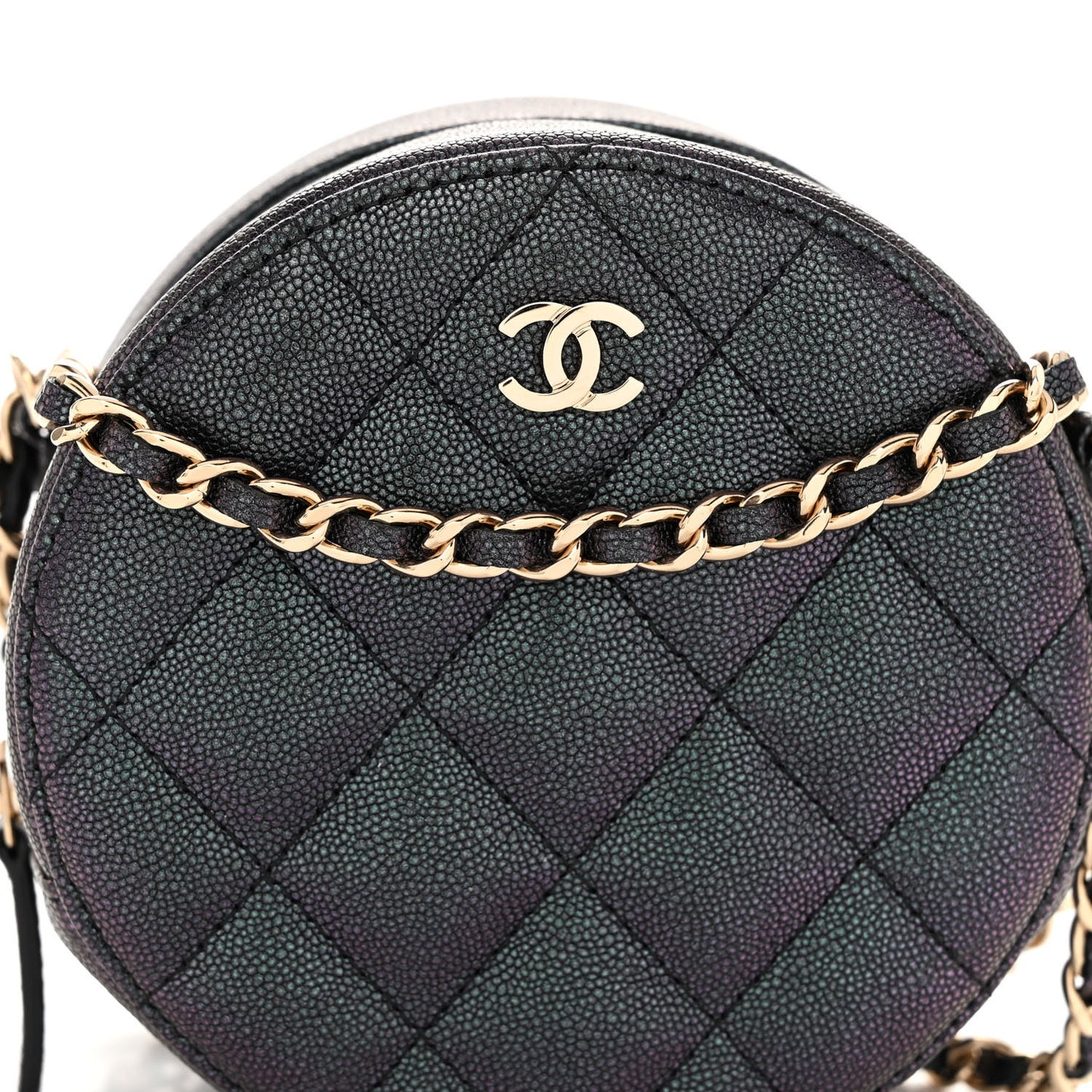 Iridescent Caviar Quilted Round Clutch With Chain Navy