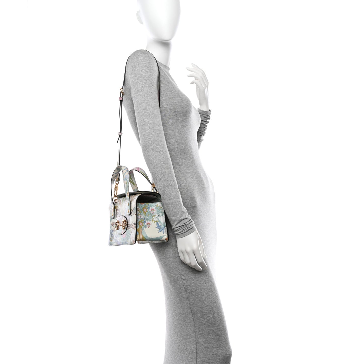 New Shangai Calfskin Tiger Savanah Mini Horsebit 1955 Foldover Top Handle Bag Chalky White Multicolor