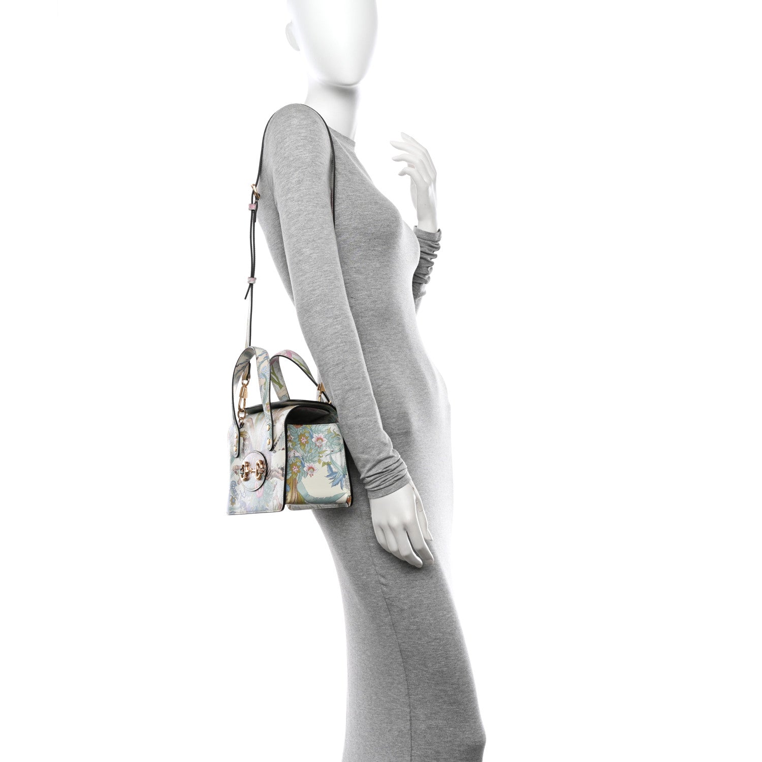 Gucci New Shangai Calfskin Tiger Savanah Mini Horsebit 1955 Foldover Top Handle Bag Chalky White Multicolor 2 of 11