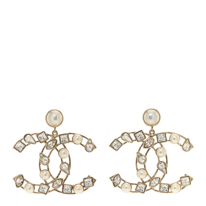 Chanel Metal Glass Pearl Strass Snowfall Drop Earrings Light Gold 1 of 4