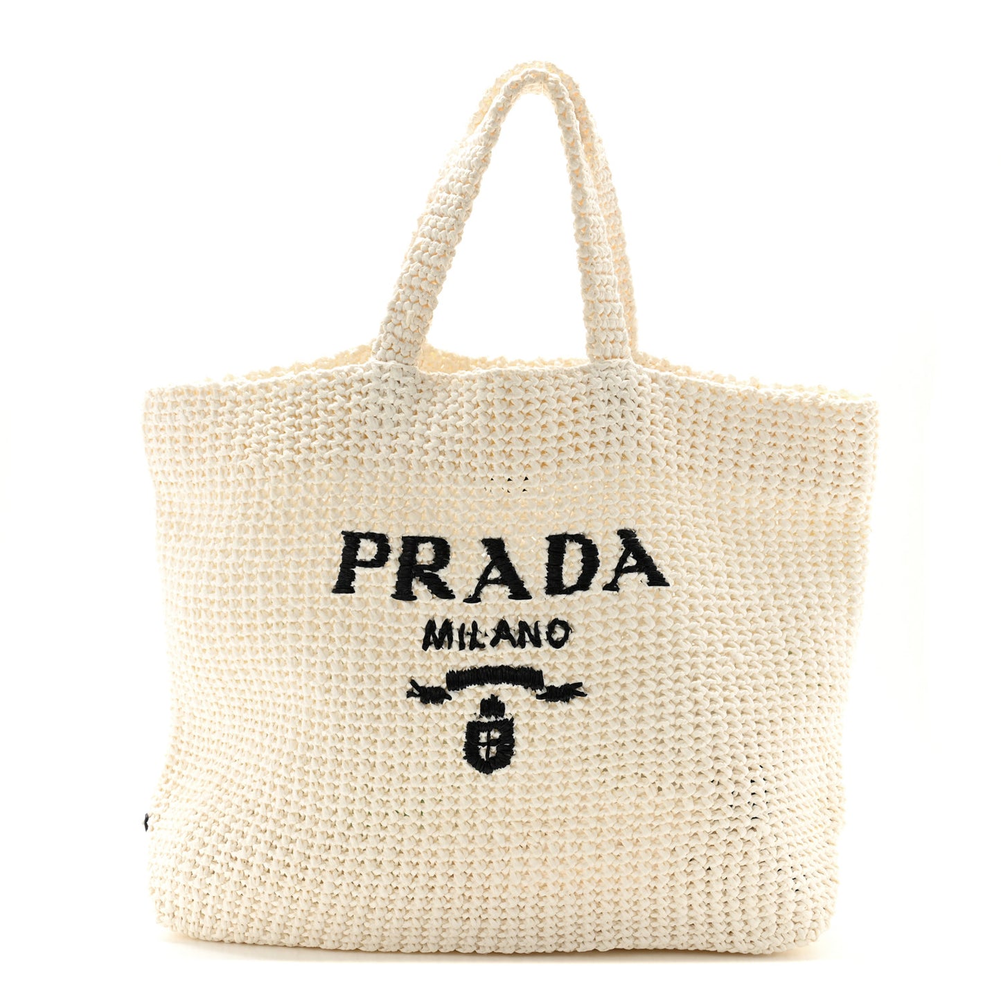 Yarn Raffia Effect Crochet Embroidered Large Logo Tote White
