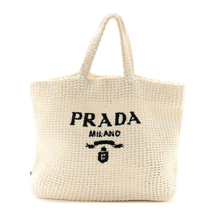 Prada Yarn Raffia Effect Crochet Embroidered Large Logo Tote White 1 of 11
