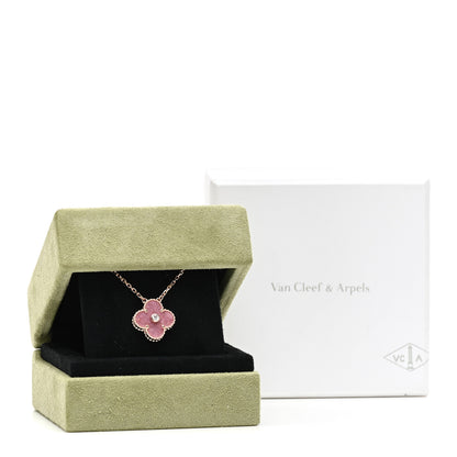 Van Cleef & Arpels 18K Rose Gold Diamond Rhodonite Vintage Alhambra Pendant Necklace 3 of 3